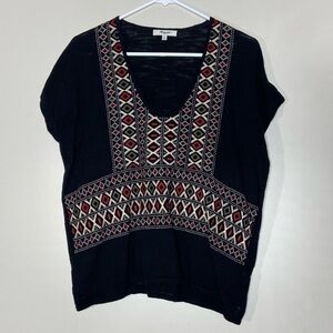 Madewell Black Diamond Weave Embroidered Short Sleeve Top Scoop Neck Shirt XS